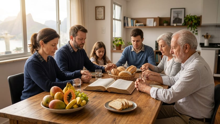 Família de mãos dadas e olhos fechados à mesa com pão, frutas e Bíblia.