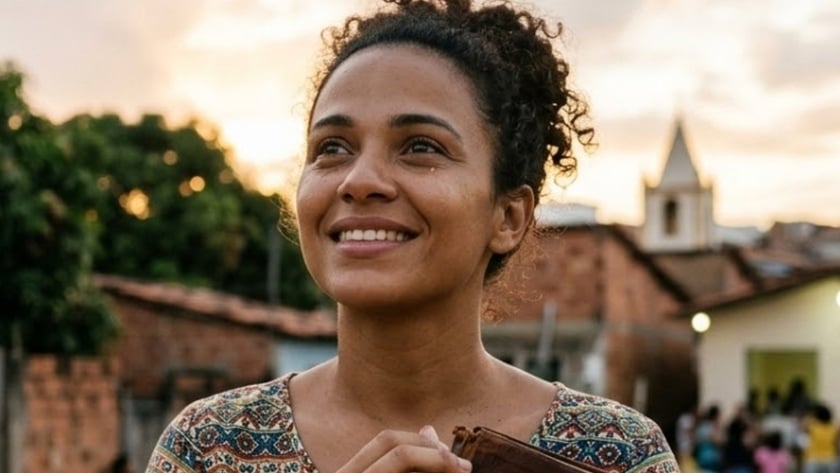 Mulher sorrindo olha para o alto, segurando um livro de capa marrom, em um bairro simples.