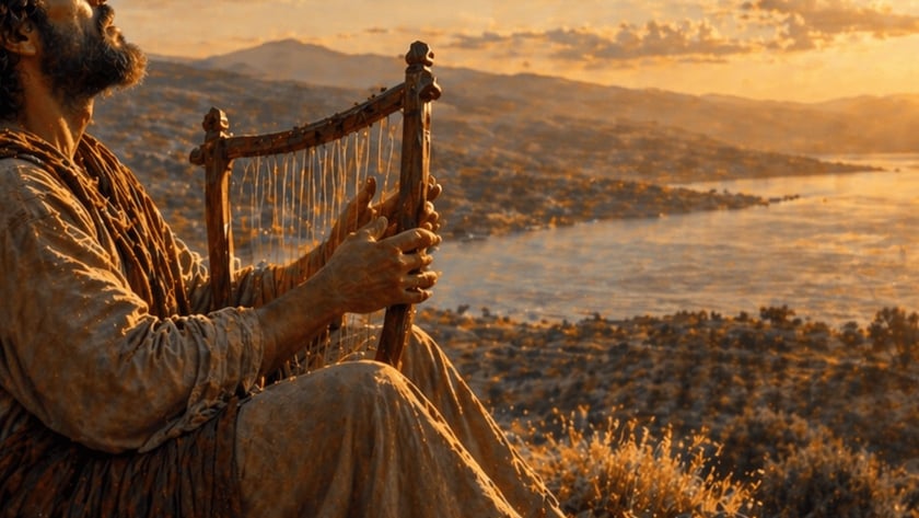 Pessoa de túnica e sandálias segura uma harpa e olha um lago ao pôr do sol.