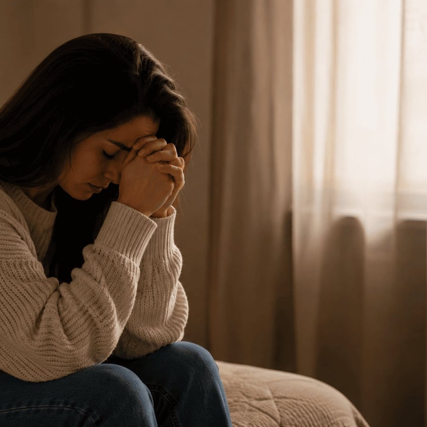 Mulher de cabelo escuro e suéter claro, sentada na cama, com o rosto apoiado nas mãos unidas.