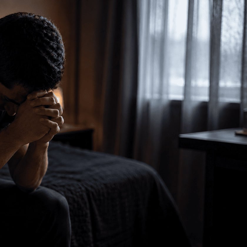 Homem sentado na beira da cama, com o rosto apoiado nas mãos entrelaçadas.