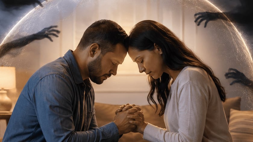 Casal sentado na sala, de mãos dadas e cabeças encostadas, com sombras ao redor e uma Bíblia aberta.