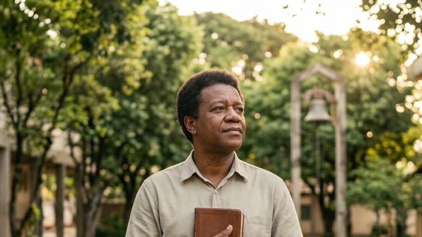 Homem de camisa clara segura um livro marrom em um pátio com árvores e prédio de tijolos.