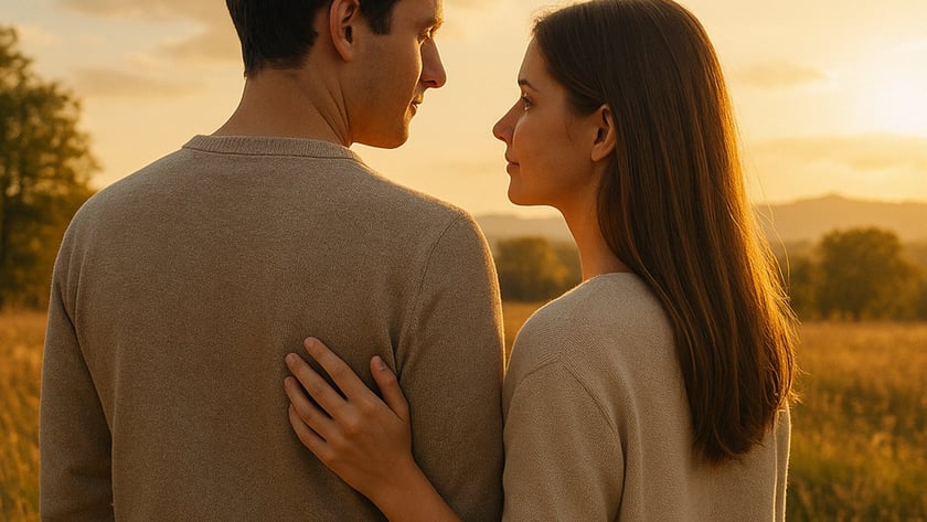 Homem e mulher de suéteres bege se olham em um campo ao pôr do sol.