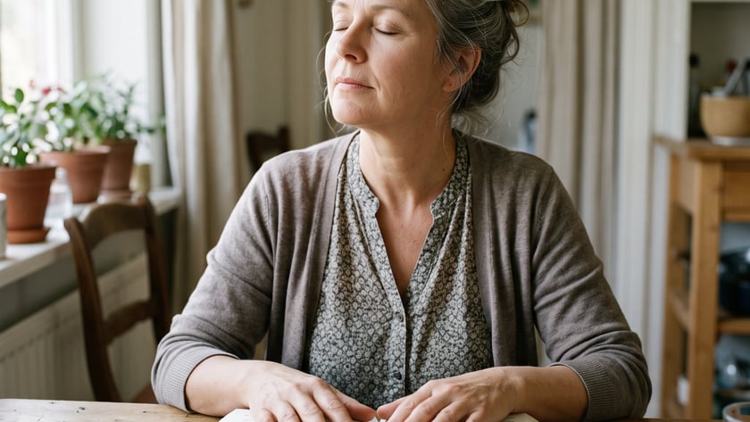 Mulher de olhos fechados, com as mãos sobre uma Bíblia aberta, sentada à mesa na cozinha.