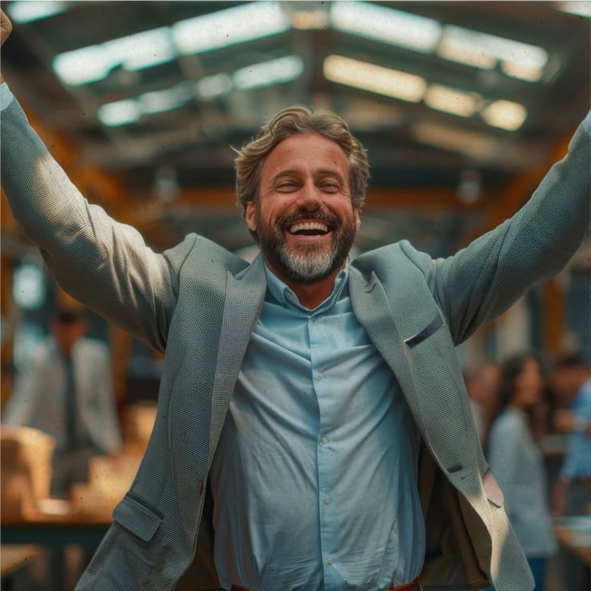 Homem barbudo de blazer cinza e camisa azul sorri com os braços erguidos em um galpão.