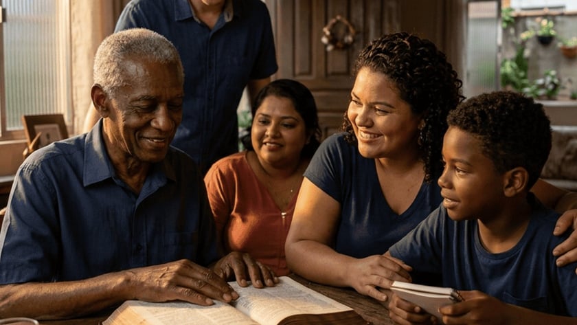Idoso lê uma Bíblia aberta à mesa, cercado por quatro pessoas sorridindo.