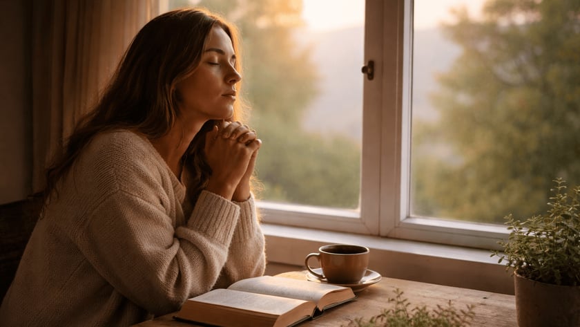 Mulher de olhos fechados e mãos postas à mesa, ao lado de livro aberto e xícara.