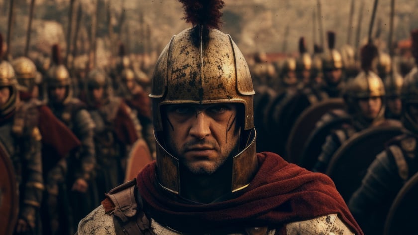Soldado romano de elmo dourado com crista vermelha e capa, diante de uma multidão de soldados.