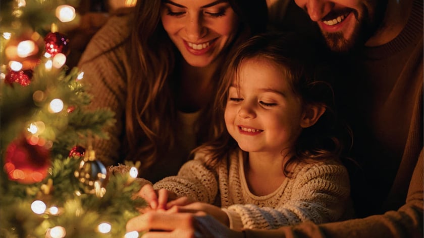 Família com uma menina decora árvore de Natal enfeitada com bolas vermelhas e luzes.