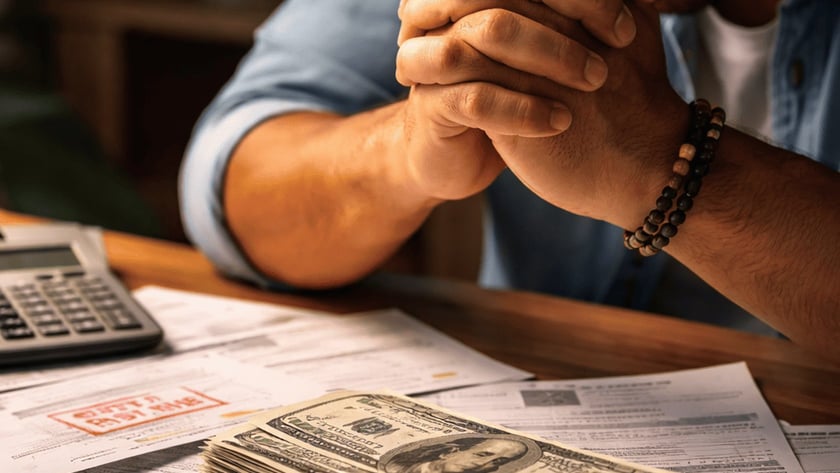 Homem com as mãos unidas no rosto diante de contas, calculadora, notas de dólar e moedas.