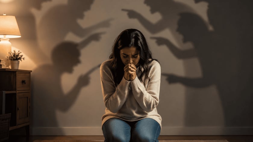 Mulher ajoelhada com as mãos unidas diante de sombras de pessoas apontando dedos na parede.