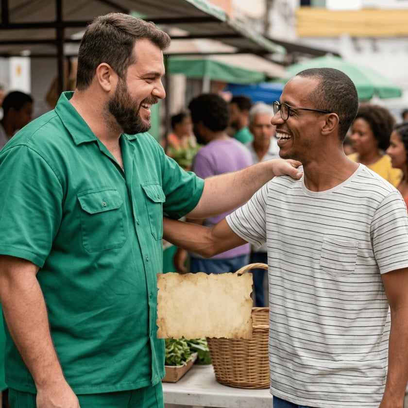 Dois homens sorriem e se cumprimentam em uma feira de rua movimentada, com barracas ao fundo.