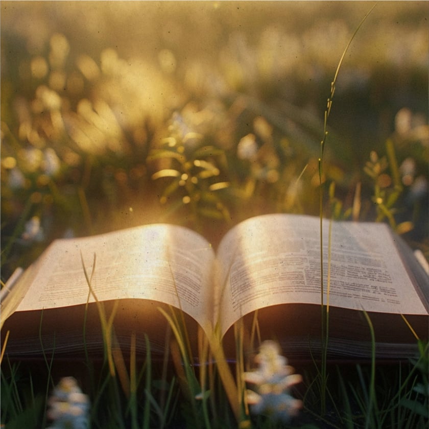 Livro aberto sobre a grama, entre pequenas flores brancas em um campo.