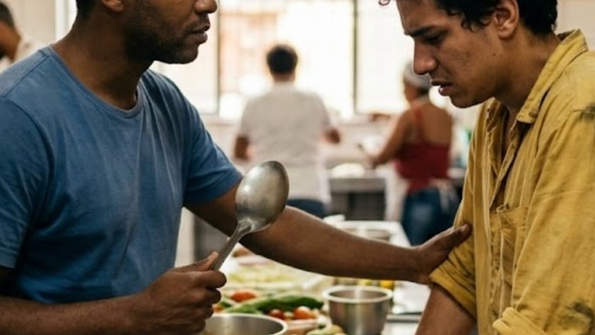 Homem de camiseta azul segura uma concha e toca o braço de outro numa cozinha.