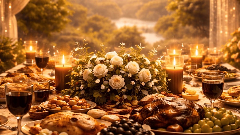 Mesa posta ao ar livre com assado, frutas, vinho, velas e rosas brancas.