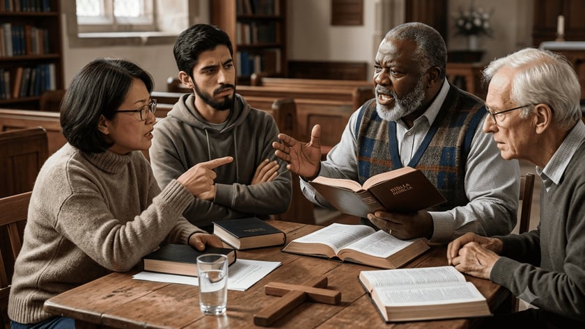 Três pessoas conversam em volta de uma mesa com Bíblias dentro de uma igreja.