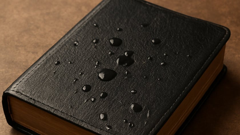 Livro pequeno de capa de couro preta com gotas de água, sobre superfície marrom.