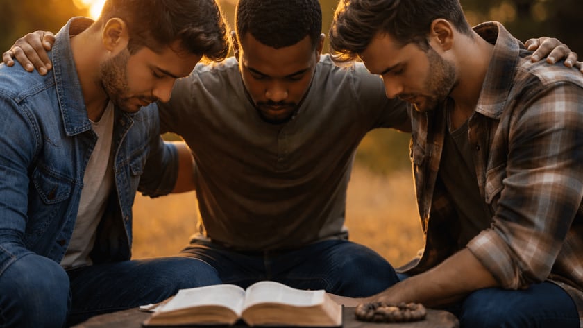 Três homens de cabeça baixa, abraçados, rezam ao ar livre diante de uma Bíblia aberta.