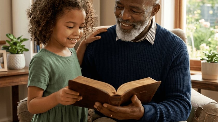 Homem idoso de barba grisalha e uma menina de cabelo cacheado leem um livro numa poltrona.