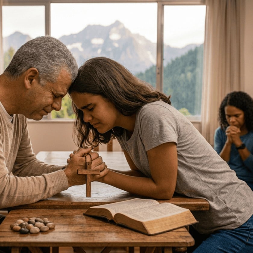 Homem e jovem rezam de mãos dadas com um crucifixo, e uma mulher reza ao fundo.