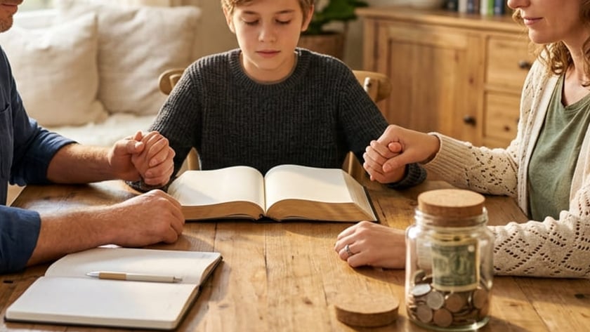 Pai e filho de mãos dadas à mesa, de olhos fechados, com uma Bíblia aberta.