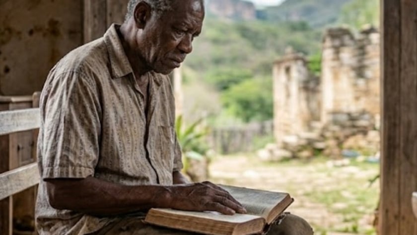 Homem idoso sentado em um banco lendo um livro numa varanda rústica