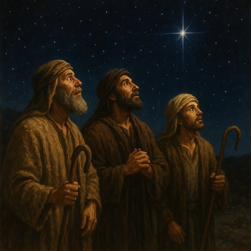 Três homens de turbante e manto, com cajados, olham para uma estrela brilhante no céu noturno.