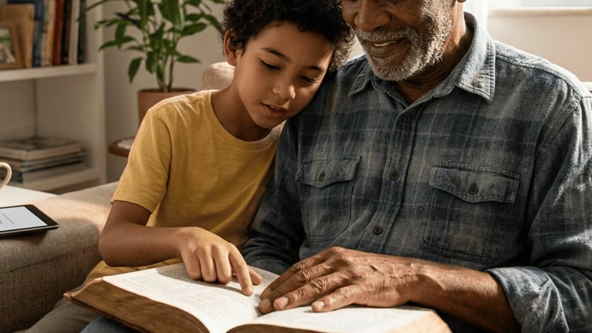 Homem idoso e menino leem juntos um livro grande em um sofá na sala.