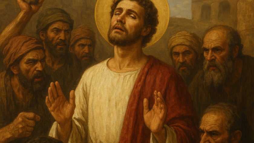 Homem de auréola e túnica branca ergue as mãos, cercado por homens barbados, um deles com pedra.