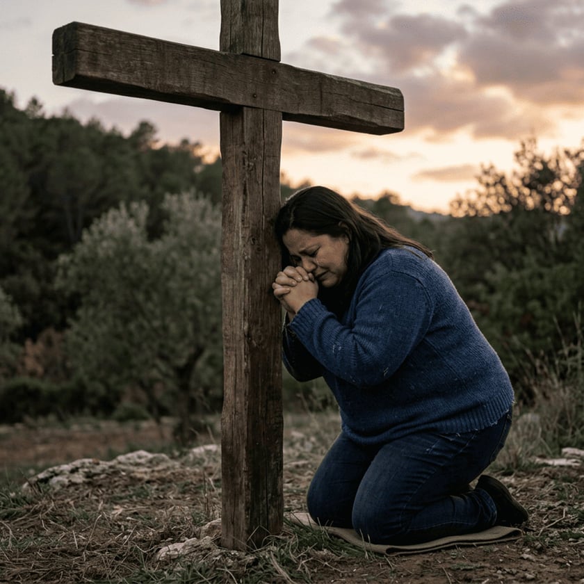 Mulher ajoelhada, de mãos postas, encosta a cabeça numa grande cruz de madeira ao ar livre.