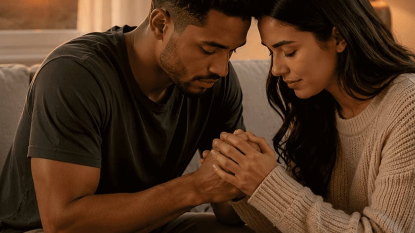Casal sentado no sofá, de cabeça baixa e mãos unidas, com uma Bíblia aberta à frente.