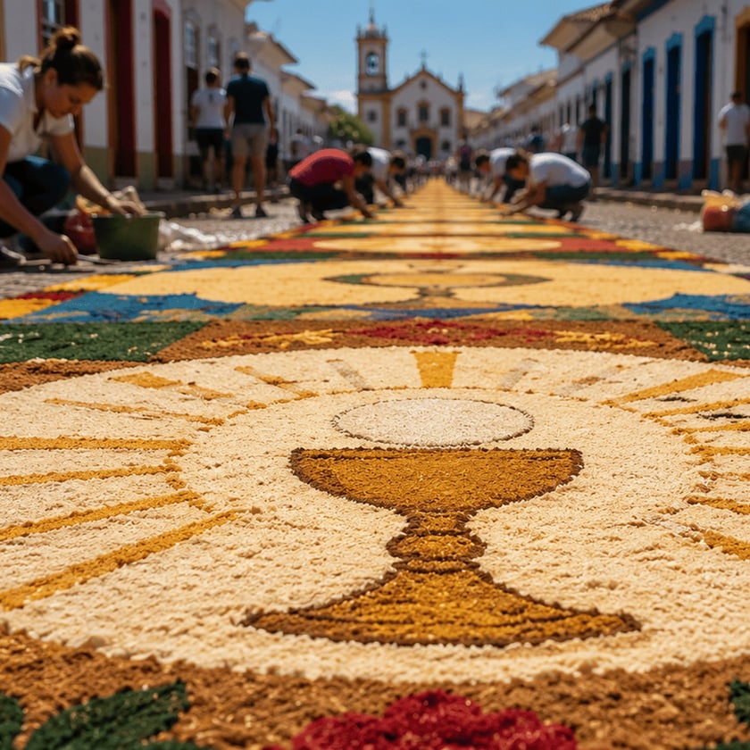 Pessoas agachadas montam tapete colorido com cálice dourado em rua de casarões e igreja.