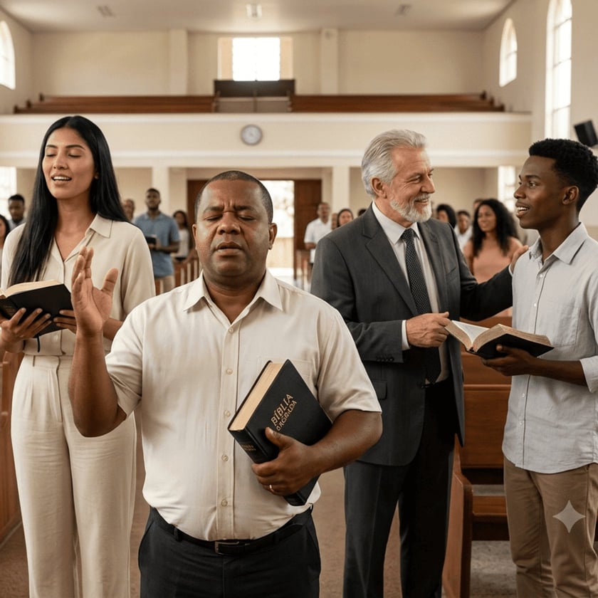 Fiéis em uma igreja cantam e oram segurando Bíblias; um senhor conversa com um jovem.