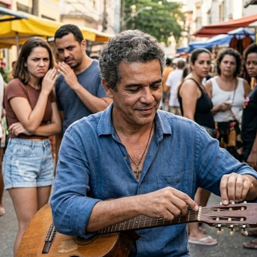 Homem de camisa azul afina um violão em uma feira de rua, com três mulheres ao fundo.