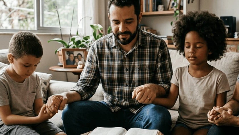 Pai e duas crianças de mãos dadas no sofá, com uma Bíblia aberta na mesa.