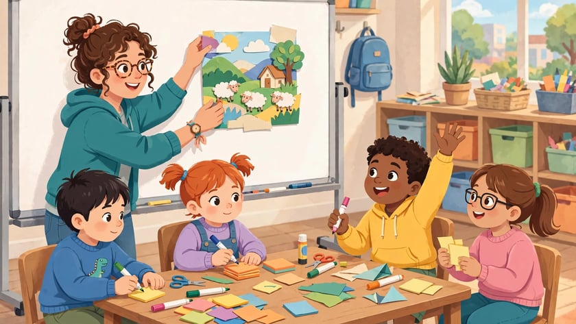 Professora prende colagem de ovelhas no quadro enquanto três crianças desenham em papéis coloridos