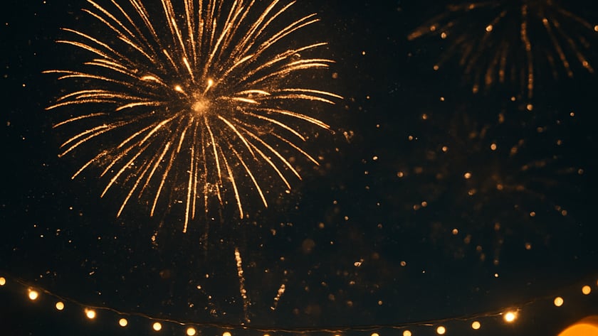 Fogos de artifício dourados explodem no céu noturno acima de um fio de luzes acesas.