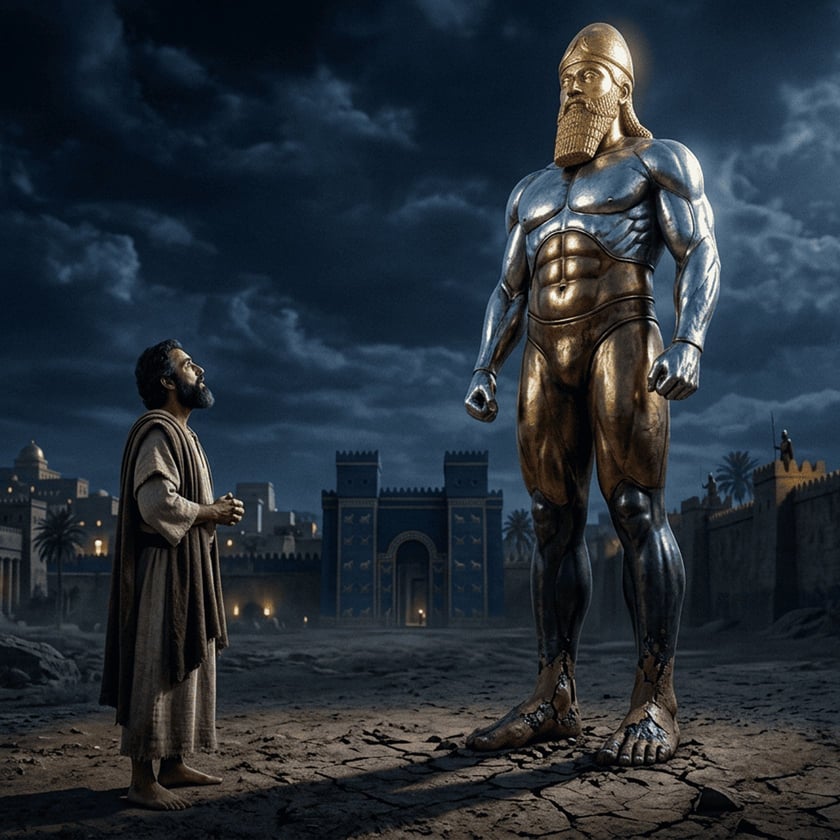 Homem barbado olha para uma estátua gigante de metal diante de uma cidade antiga murada à noite.