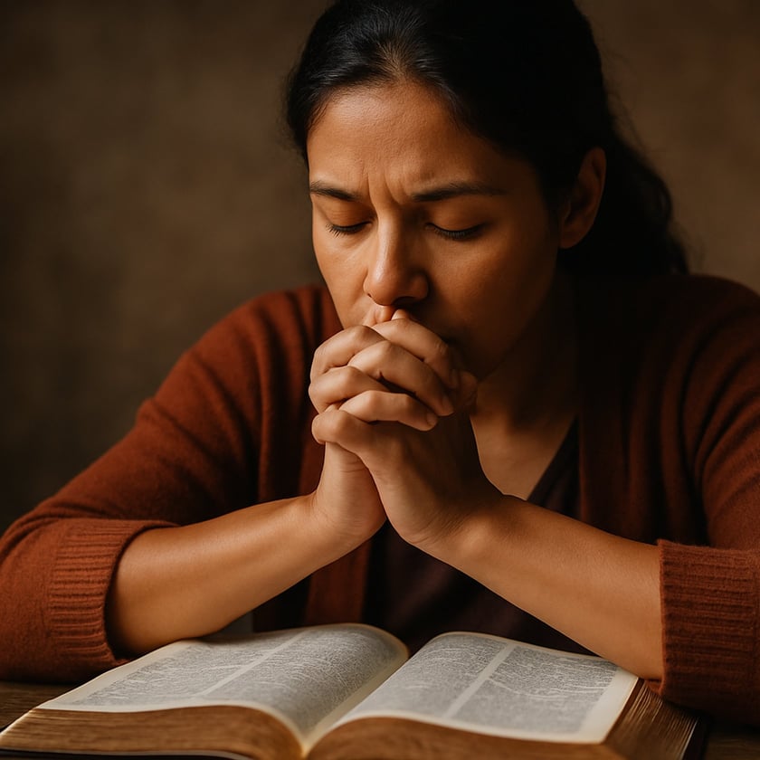Mulher de cardigã marrom, de olhos fechados e mãos unidas, ora diante de uma Bíblia aberta.