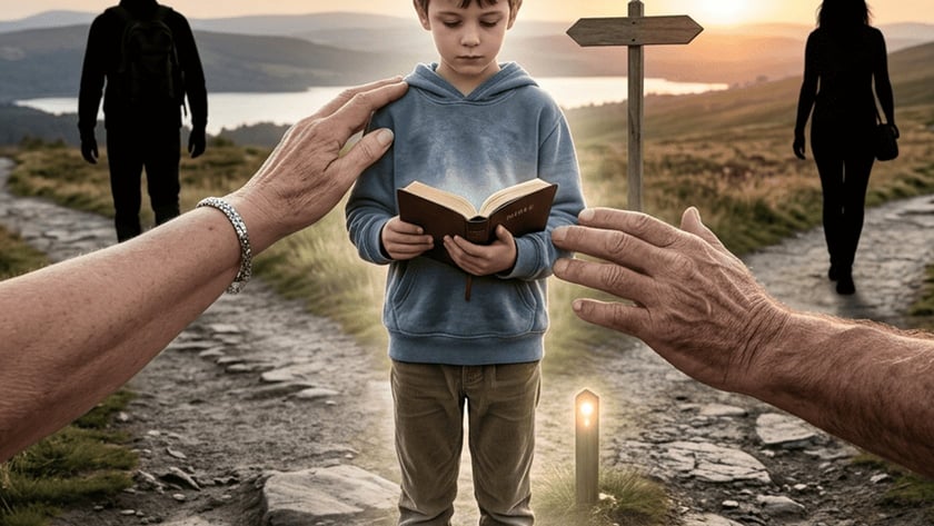 Menino segura um livro entre duas mãos adultas, numa bifurcação ao pôr do sol.
