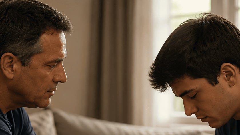 Dois homens sentados num sofá seguram as mãos um do outro; o mais jovem baixa a cabeça.