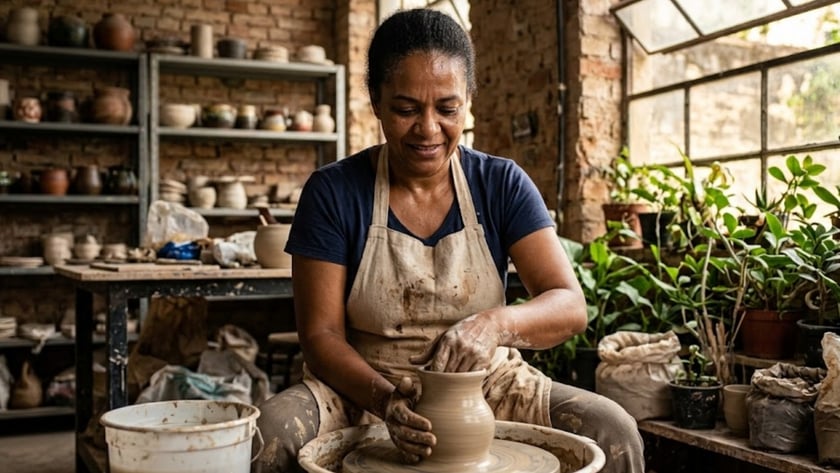 Mulher de avental modela um vaso de argila no torno.