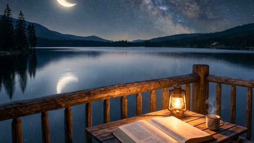 Bíblia aberta, lampião aceso e caneca sobre mesa de varanda diante de lago à noite.