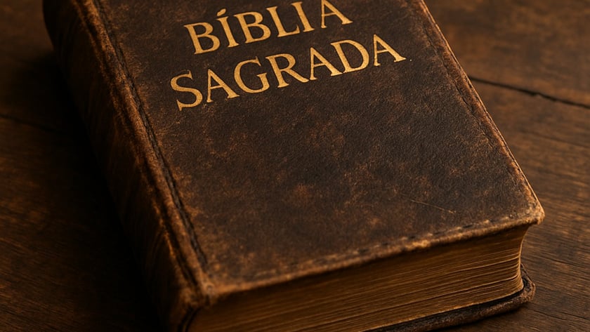 Bíblia antiga de capa de couro marrom desgastada sobre mesa de madeira: "BÍBLIA SAGRADA".