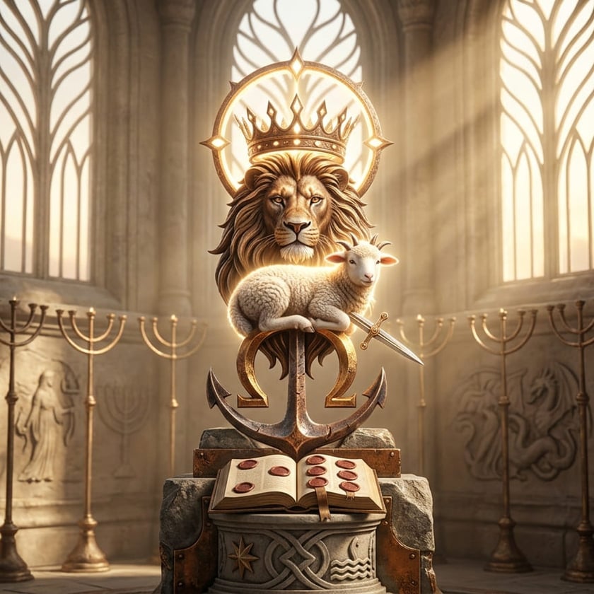 Leão coroado com um cordeiro deitado sobre uma âncora e um ômega, diante de candelabros.