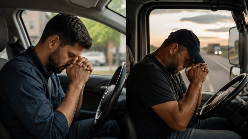 Dois homens com as mãos unidas junto ao rosto, sentados ao volante de um carro e de um caminhão.