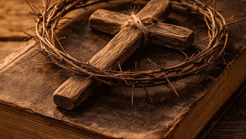 Cruz de madeira e coroa de espinhos sobre um livro antigo de capa de couro.