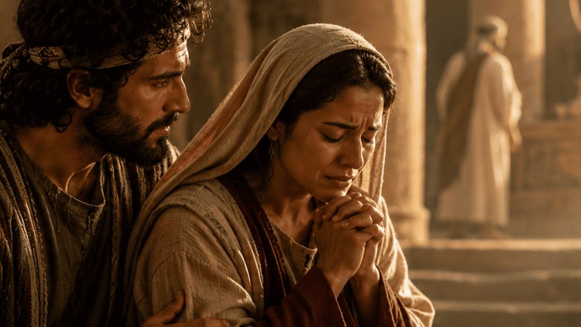 Mulher de véu, de olhos fechados e mãos unidas, ora diante de uma mesa em um templo.
