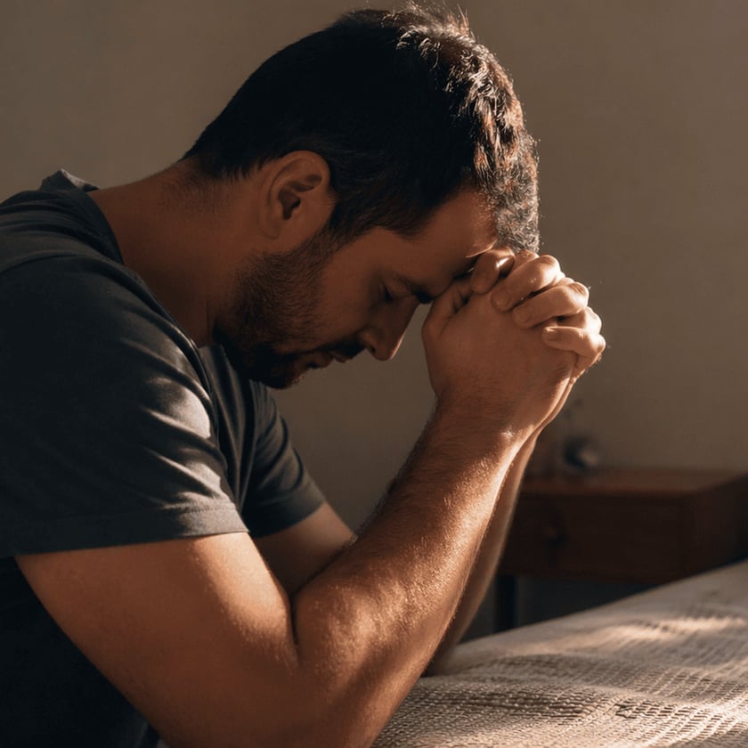 Homem de camiseta cinza, de olhos fechados e mãos postas na testa, ao lado de uma cama.